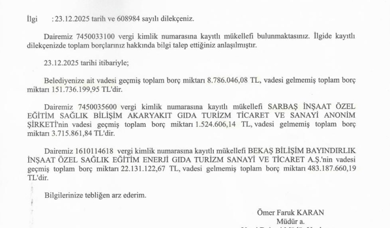 İzmit Belediyesi: Gerçek vadesi geçmiş vergi borcu 8,8 milyon TL