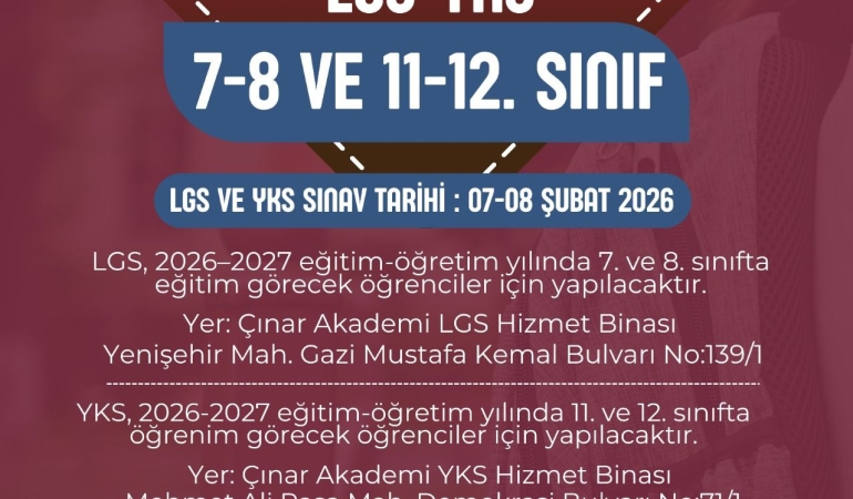 Çınar Akademi 2026-2027 öğrenci kabul sınavı düzenliyor