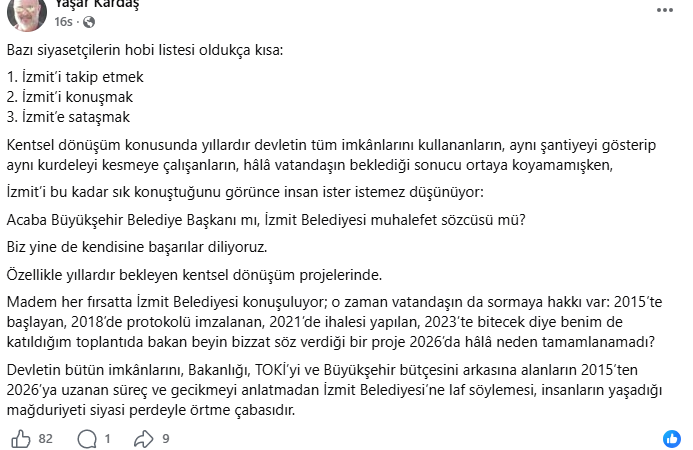 Kardaş: Tahir Büyükakın’ın gündemi hizmet değil İzmit’e sataşmak